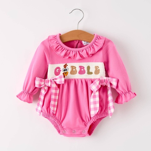Other - **NWT**Baby Girls Pink Gobble Ruffle Embroidered Romper